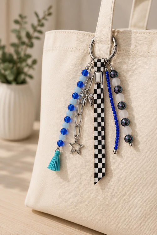 Blue Kawaii Bag Charm | Cute Backpack Charm | Beaded Purse Charm | Aesthetic Keychain | Checkerboard Bag Charm | Gift for Teen Girls