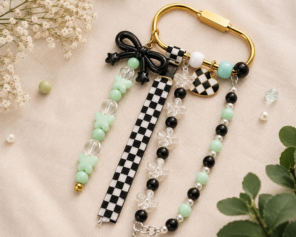 Coquette Bow Bag Charm | Checkerboard Purse Charm | Mint Green Beaded Backpack Charm | Cute Keychain | Gift for Her