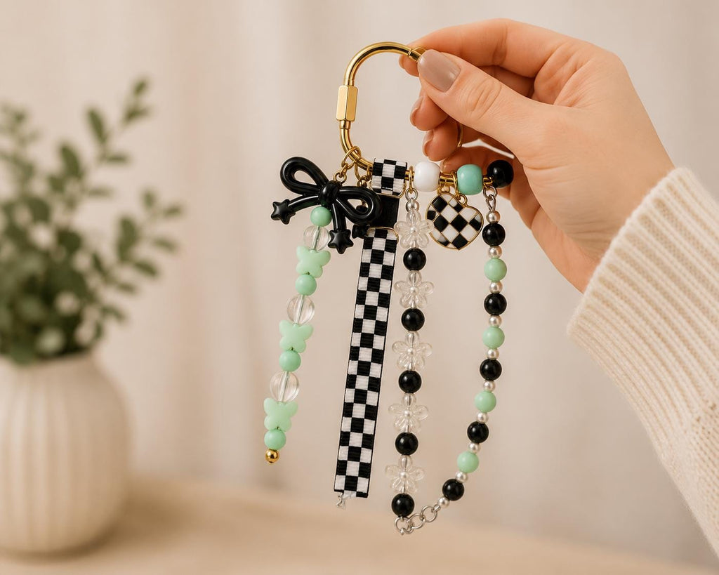 Coquette Bow Bag Charm | Checkerboard Purse Charm | Mint Green Beaded Backpack Charm | Cute Keychain | Gift for Her