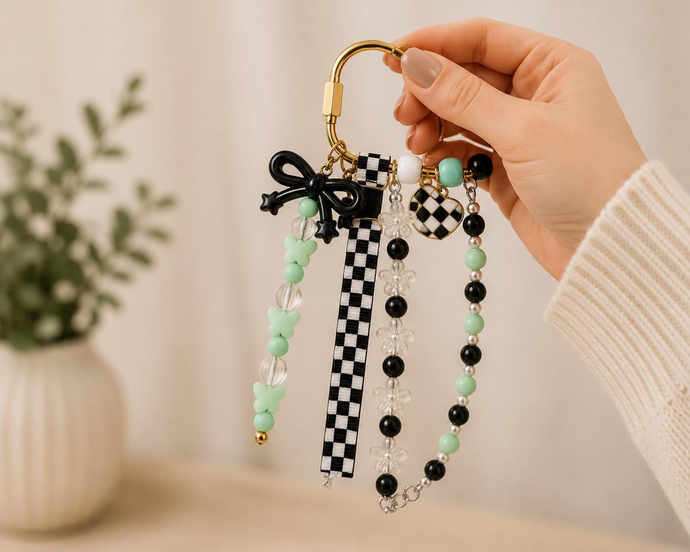 Coquette Bow Bag Charm | Checkerboard Purse Charm | Mint Green Beaded Backpack Charm | Cute Keychain | Gift for Her