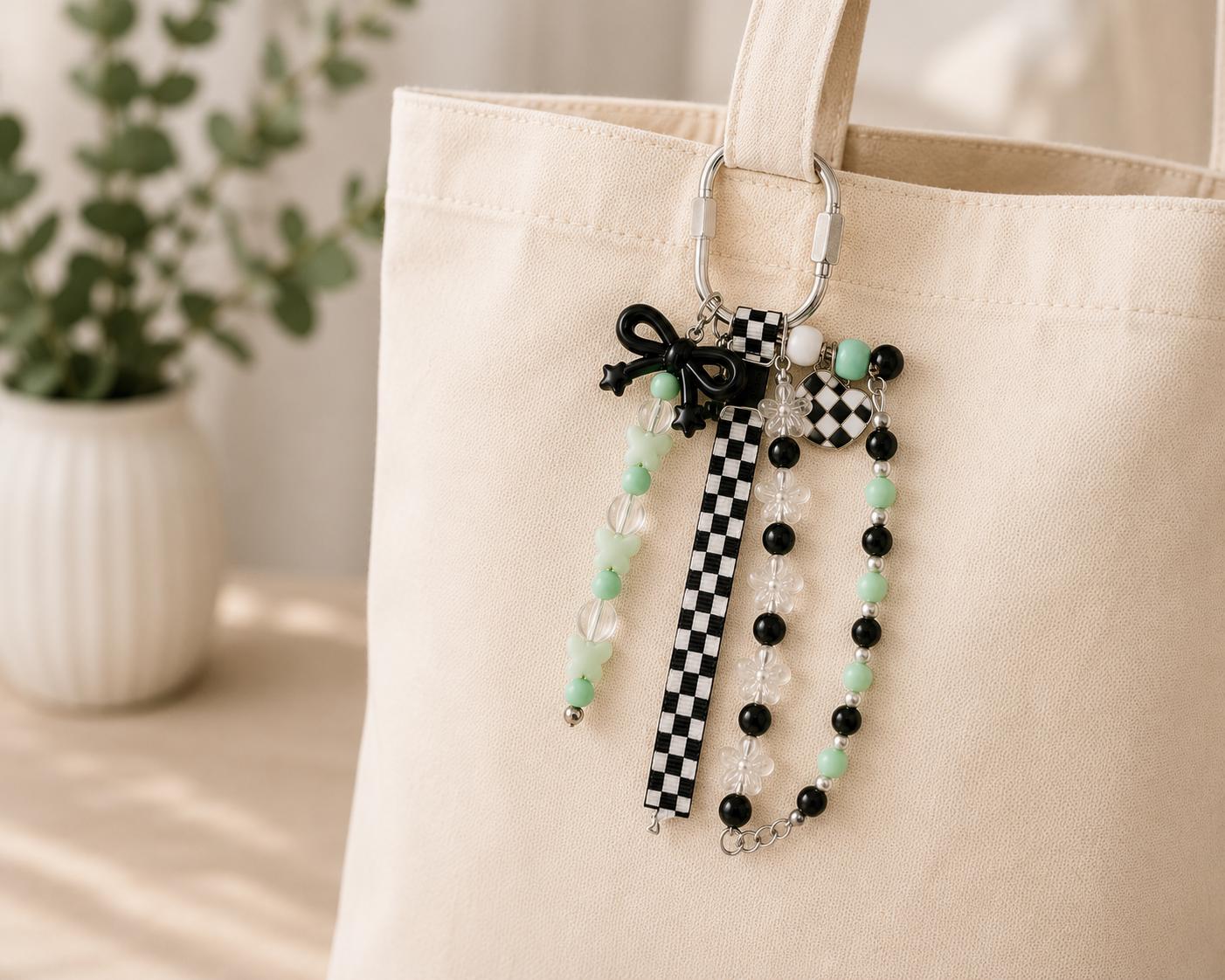 Coquette Bow Bag Charm | Checkerboard Purse Charm | Mint Green Beaded Backpack Charm | Cute Keychain | Gift for Her