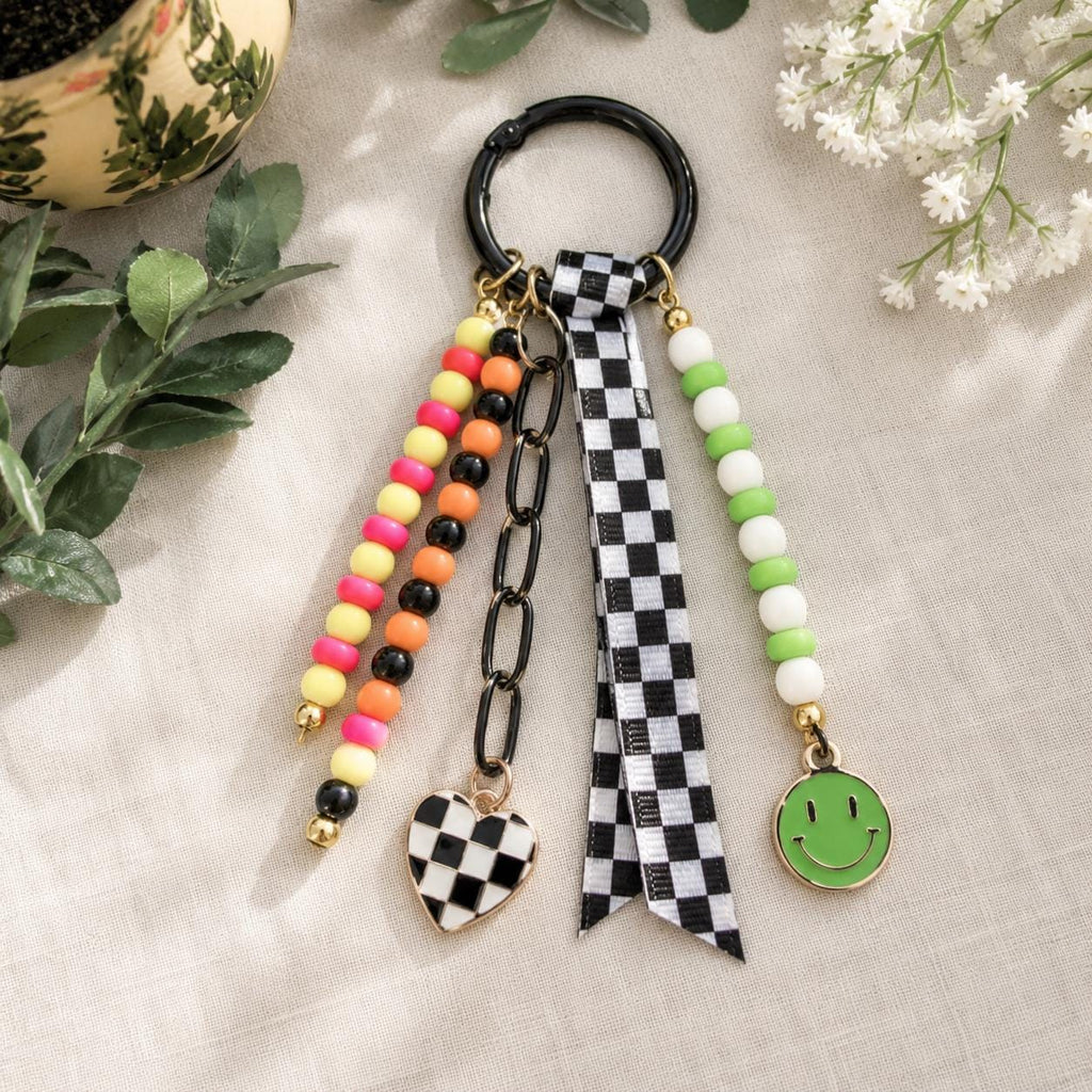 Green Checkerboard Beaded Bag Charm | Smiley Purse Charm | Kawaii Keychain | Cute Backpack Accessory | Gift for Teen Girls