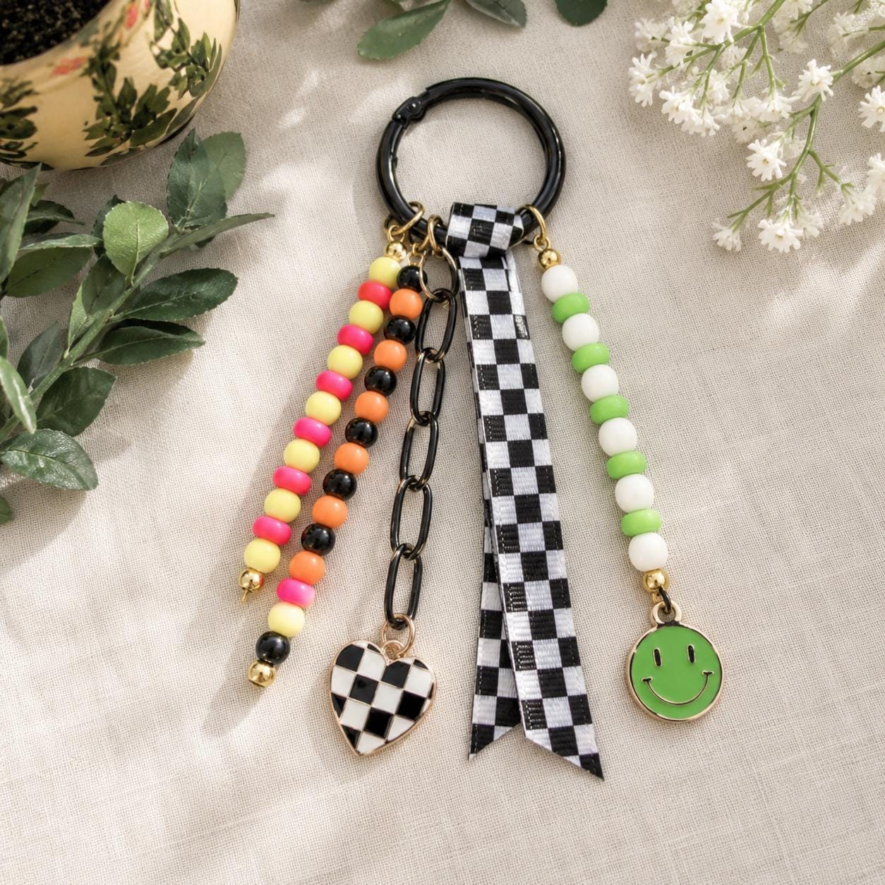 Green Checkerboard Beaded Bag Charm | Smiley Purse Charm | Kawaii Keychain | Cute Backpack Accessory | Gift for Teen Girls