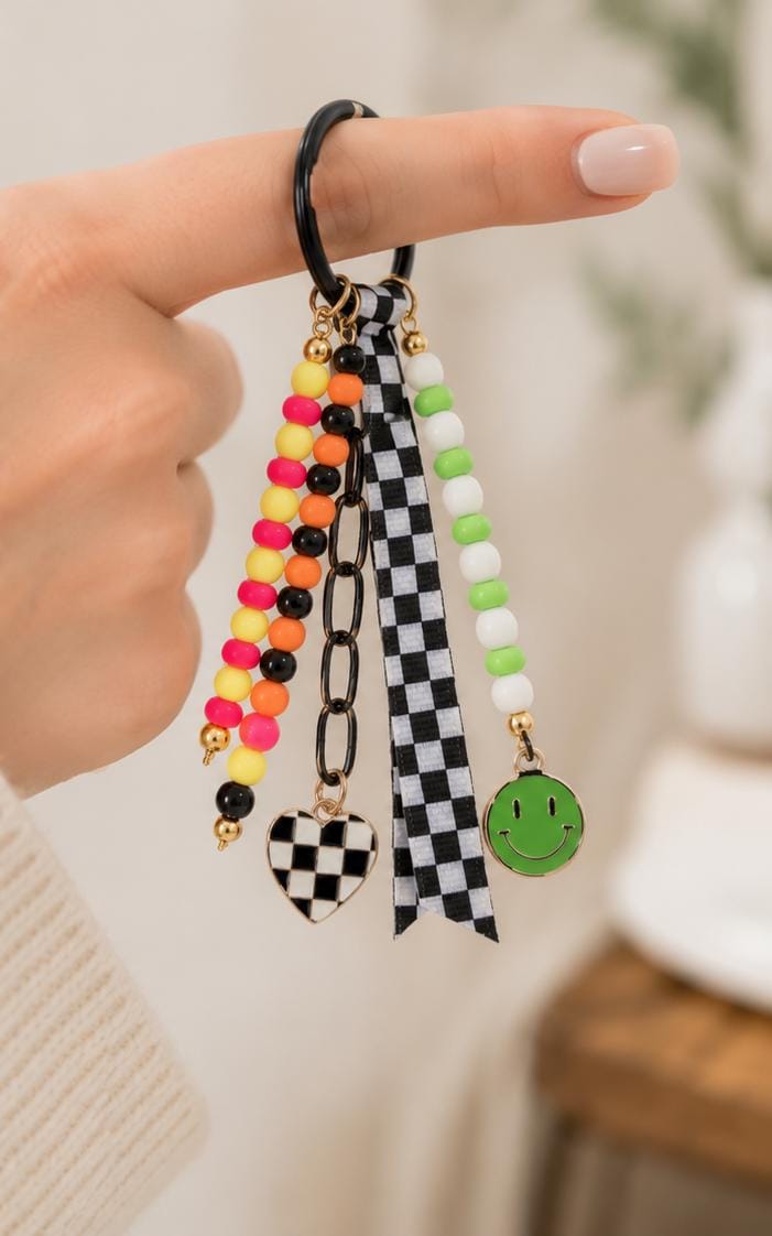 Green Checkerboard Beaded Bag Charm | Smiley Purse Charm | Kawaii Keychain | Cute Backpack Accessory | Gift for Teen Girls