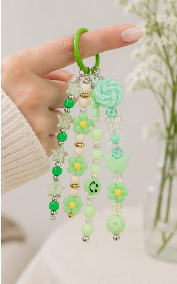 Green Floral Beaded Bag Charm | Flower Purse Charm | Cottagecore Keychain | Cute Backpack Accessory | Handmade Gift for Her