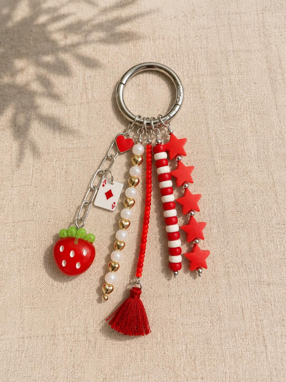 Strawberry Beaded Bag Charm | Cute Purse Charm | Cottagecore Keychain | Kawaii Backpack Accessory | Handmade Gift for Her