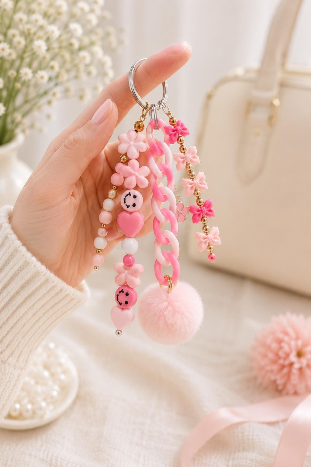 Pink Beaded Bag Charm | Personalized Purse Charm | Cute Backpack Accessory | Custom Keychain | Tote Bag Charm | Gift for Her
