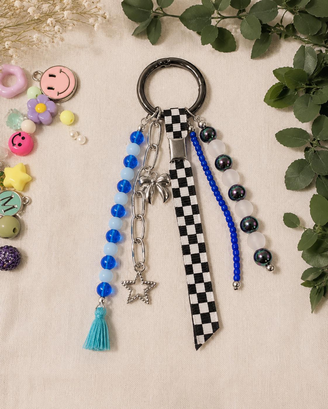 Blue Kawaii Bag Charm | Cute Backpack Charm | Beaded Purse Charm | Aesthetic Keychain | Checkerboard Bag Charm | Gift for Teen Girls