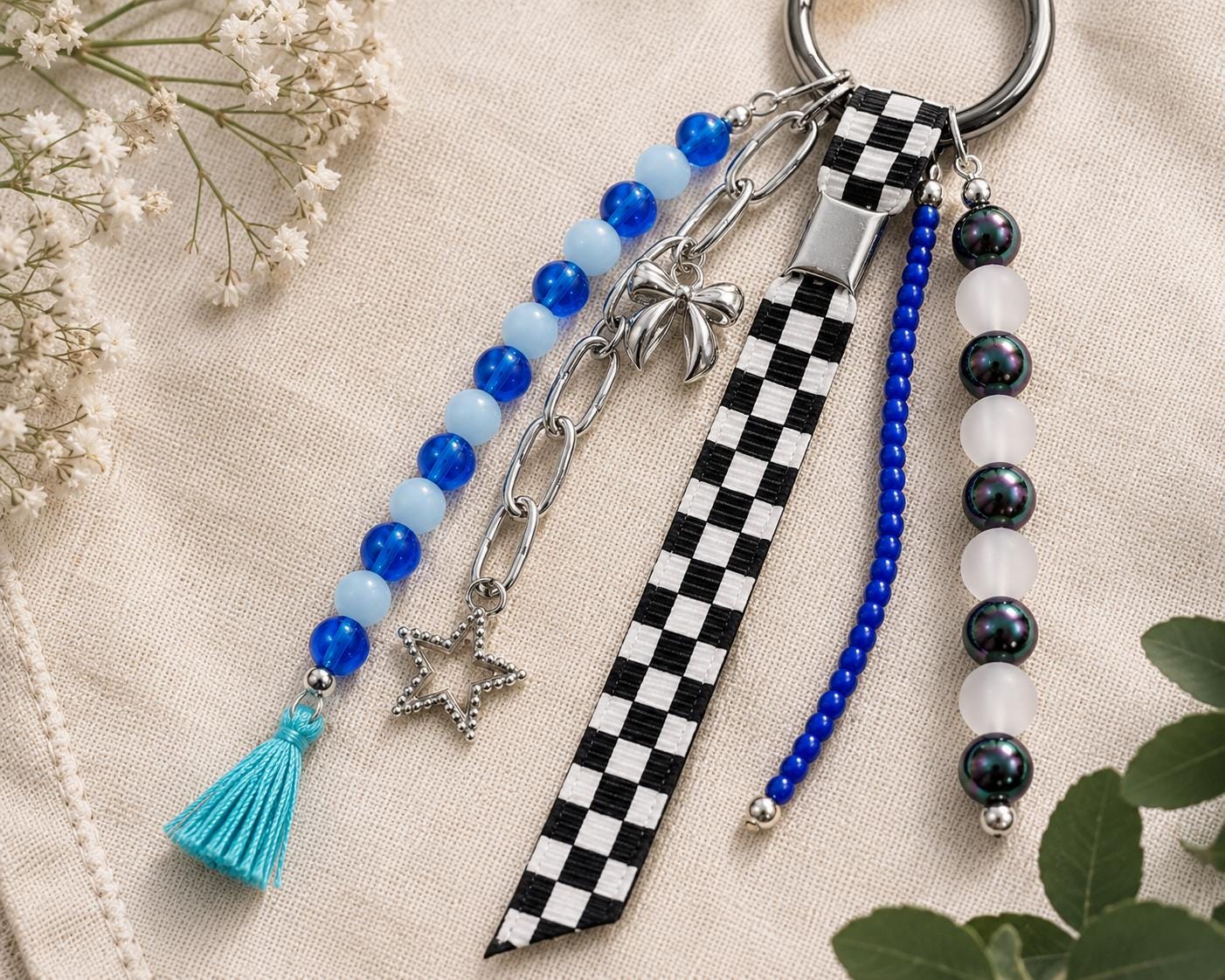 Blue Kawaii Bag Charm | Cute Backpack Charm | Beaded Purse Charm | Aesthetic Keychain | Checkerboard Bag Charm | Gift for Teen Girls