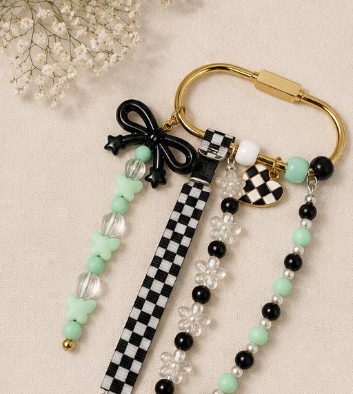 Coquette Bow Bag Charm | Checkerboard Purse Charm | Mint Green Beaded Backpack Charm | Cute Keychain | Gift for Her