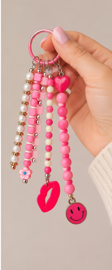 Pink Beaded Bag Charm | Heart & Lips Purse Charm | Kawaii Keychain | Cute Backpack Accessory | Coquette Gift for Teen Girls