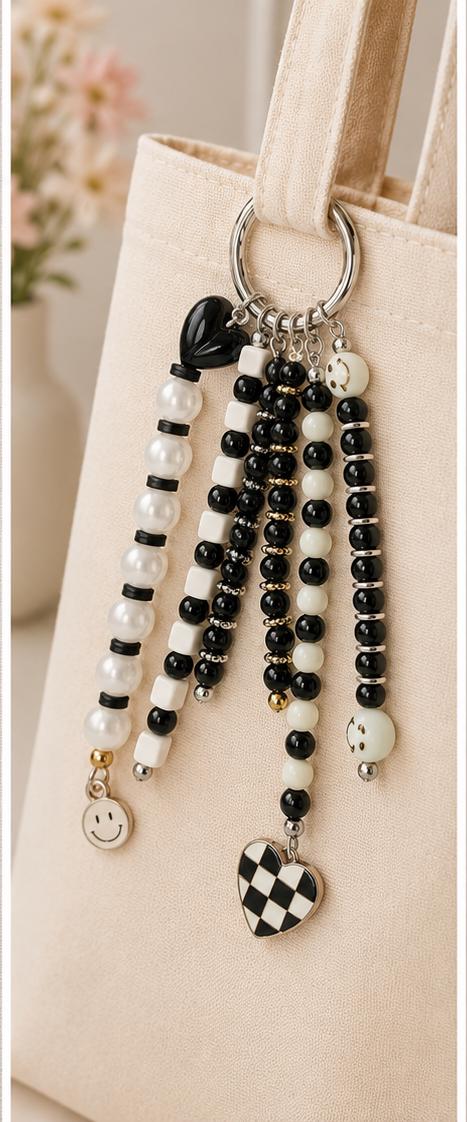 Black & White Beaded Bag Charm | Checkerboard Purse Charm | Kawaii Keychain | Cute Backpack Accessory | Handmade Gift for Teen Girls