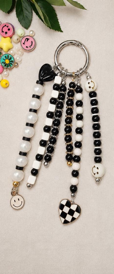 Black & White Beaded Bag Charm | Checkerboard Purse Charm | Kawaii Keychain | Cute Backpack Accessory | Handmade Gift for Teen Girls