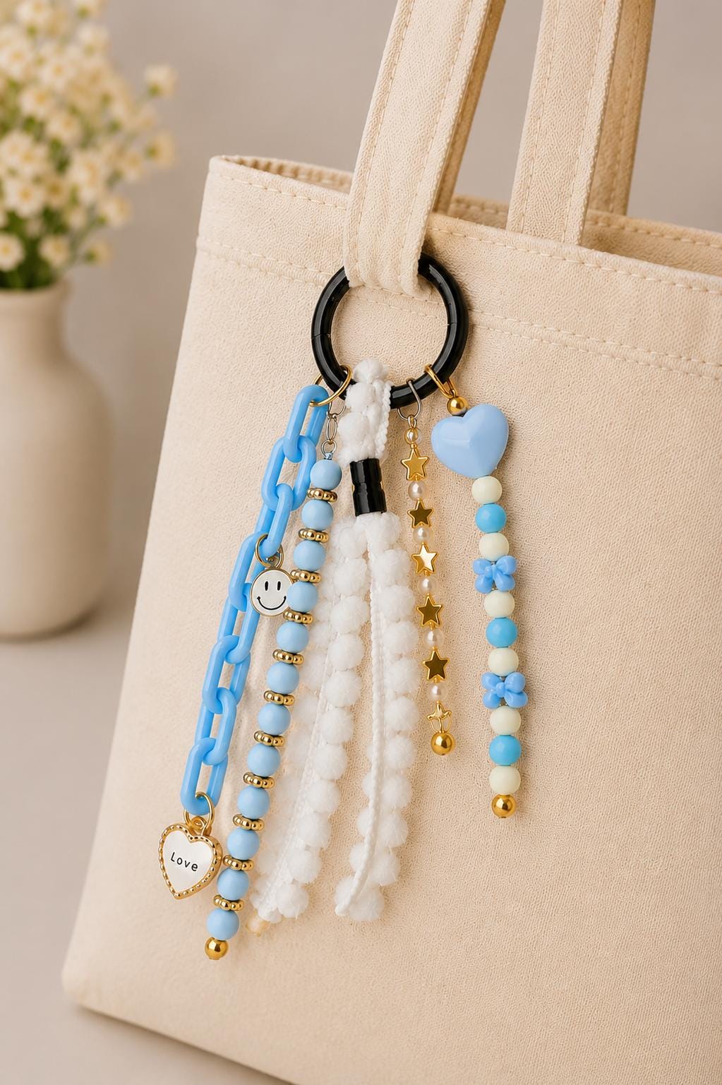 Pastel Heart & Smiley Beaded Bag Charm | Kawaii Purse Charm | Cute Backpack Accessory | Handmade Keychain | Gift for Teen Girls