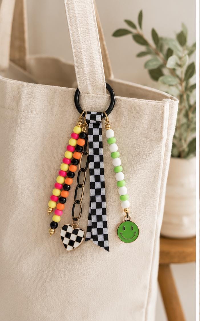 Green Checkerboard Beaded Bag Charm | Smiley Purse Charm | Kawaii Keychain | Cute Backpack Accessory | Gift for Teen Girls