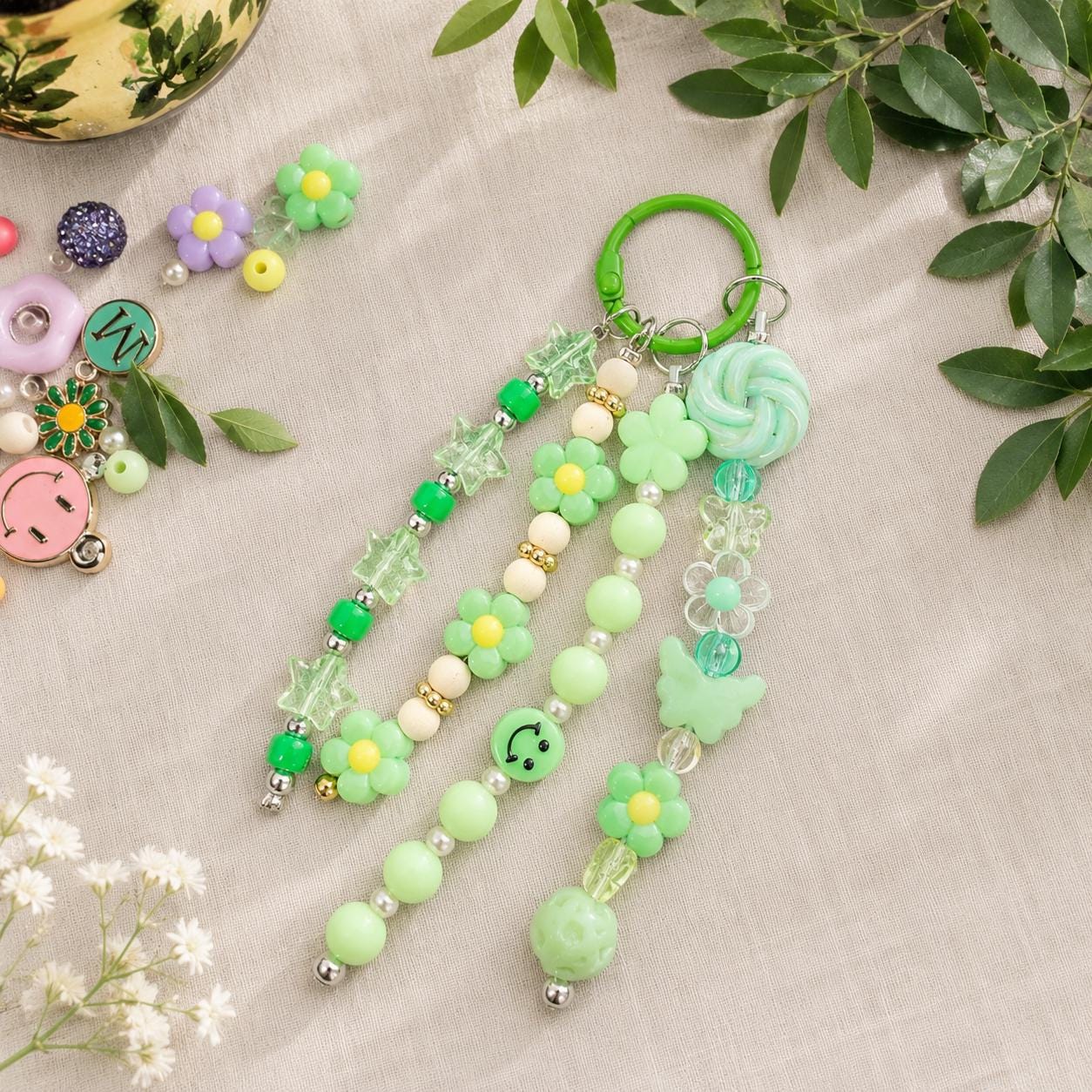 Green Floral Beaded Bag Charm | Flower Purse Charm | Cottagecore Keychain | Cute Backpack Accessory | Handmade Gift for Her