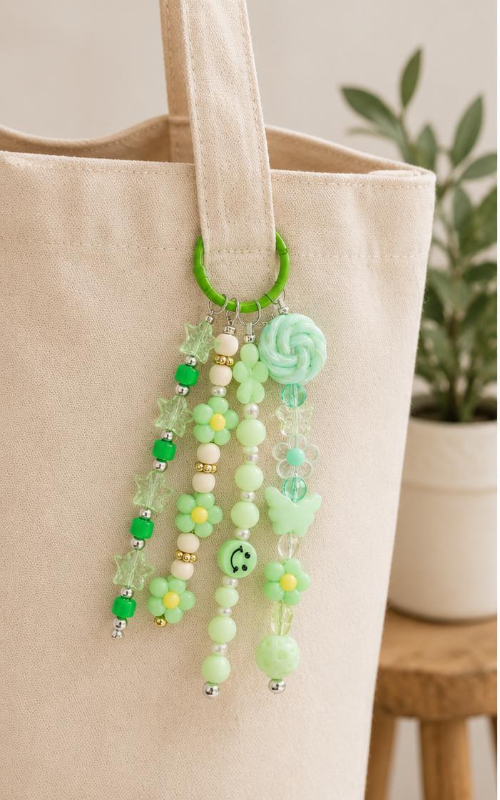 Green Floral Beaded Bag Charm | Flower Purse Charm | Cottagecore Keychain | Cute Backpack Accessory | Handmade Gift for Her
