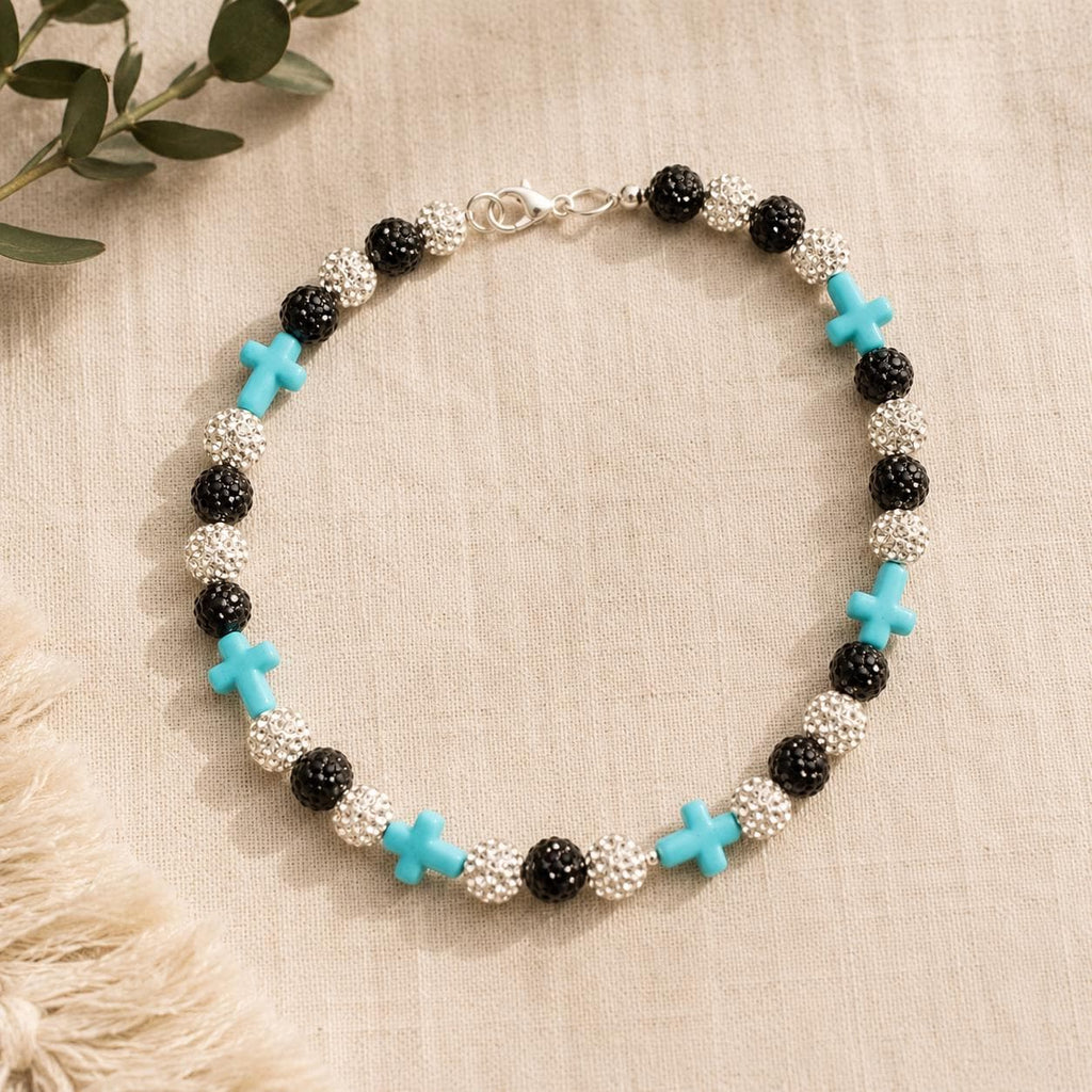 Turquoise Cross Beaded Necklace | Christian Stretch Necklace | Handmade Faith Jewelry | Baptism | Confirmation Gift