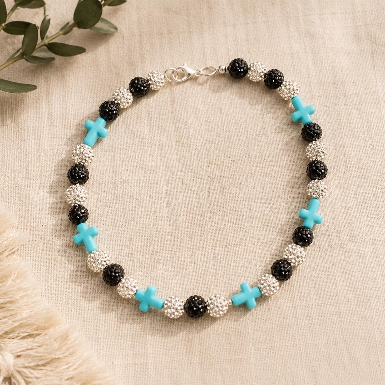 Turquoise Cross Beaded Necklace | Christian Stretch Necklace | Handmade Faith Jewelry | Baptism | Confirmation Gift