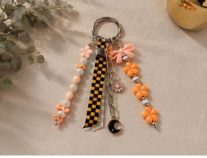 Peach Beaded Bag Charm | Coquette Purse Charm | Handmade Backpack Accessory | Floral Bow Keychain | Cute Gift for Her