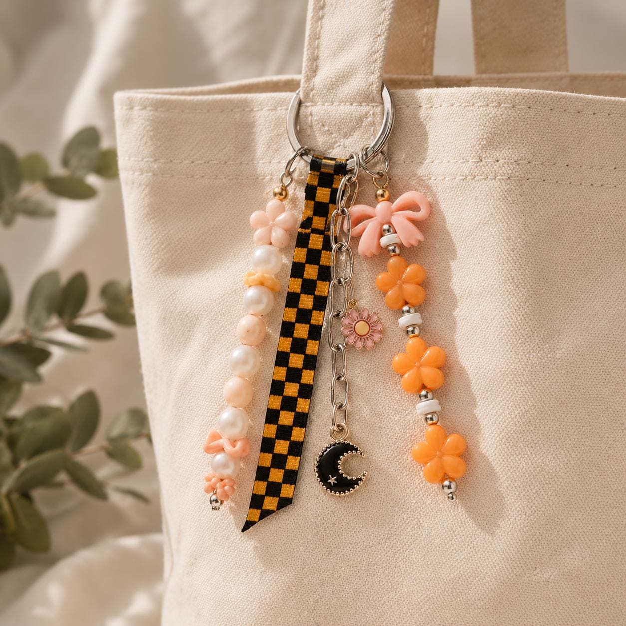 Peach Beaded Bag Charm | Coquette Purse Charm | Handmade Backpack Accessory | Floral Bow Keychain | Cute Gift for Her