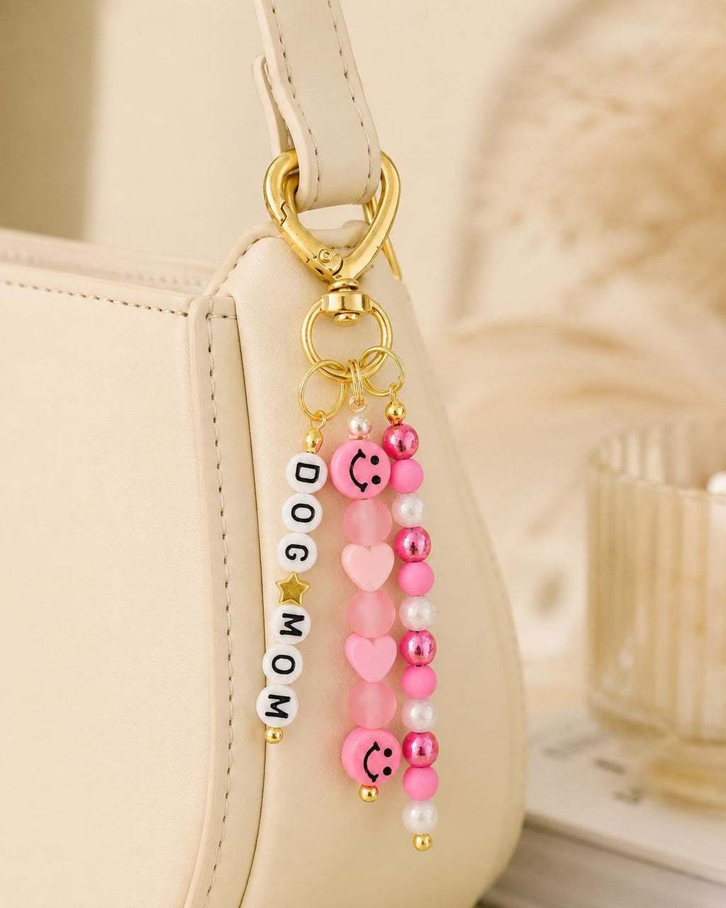 Pink Dog Mom Bag Charm | Beaded Purse Charm | Dog Mom Keychain | Pink Smiley Charm | Cute Gift for Dog Lover | Handmade Bag Accessory