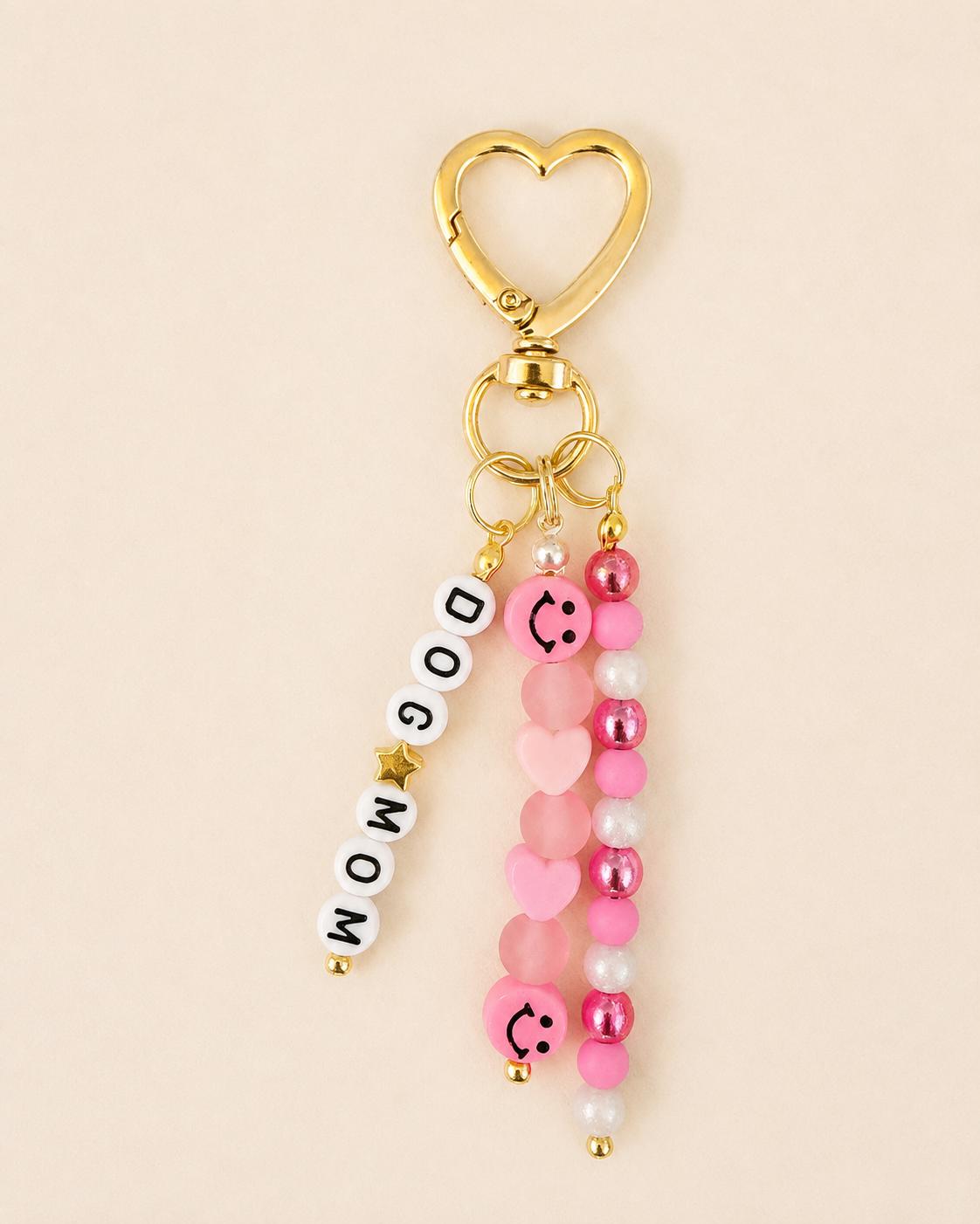 Pink Dog Mom Bag Charm | Beaded Purse Charm | Dog Mom Keychain | Pink Smiley Charm | Cute Gift for Dog Lover | Handmade Bag Accessory