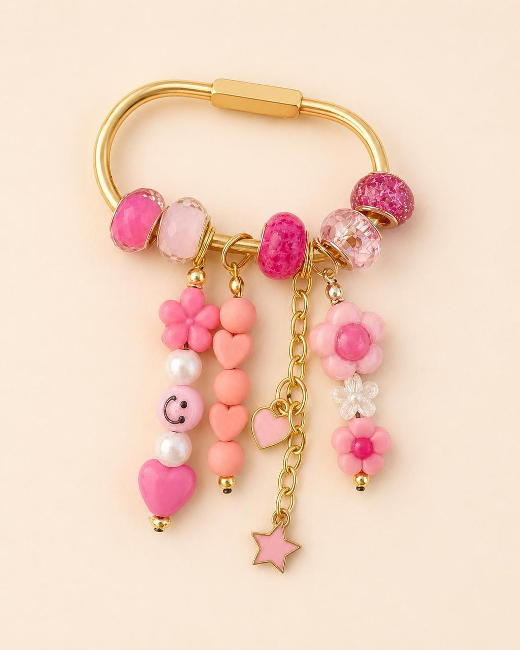 Pink Floral Bag Charm | Beaded Purse Charm | Pink Heart Keychain | Flower Bag Accessory | Gold Carabiner Charm | Cute Gift for Her