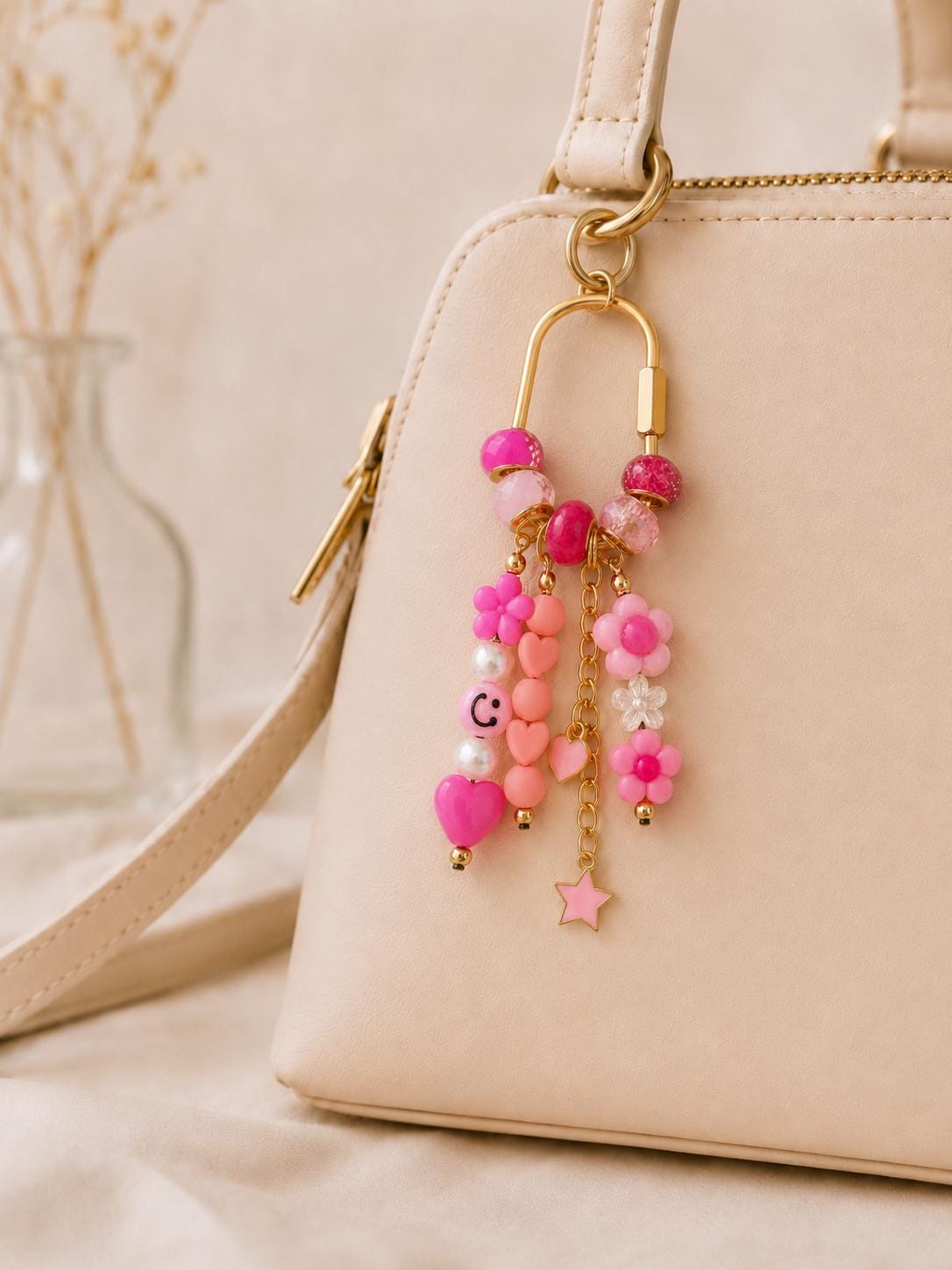 Pink Floral Bag Charm | Beaded Purse Charm | Pink Heart Keychain | Flower Bag Accessory | Gold Carabiner Charm | Cute Gift for Her