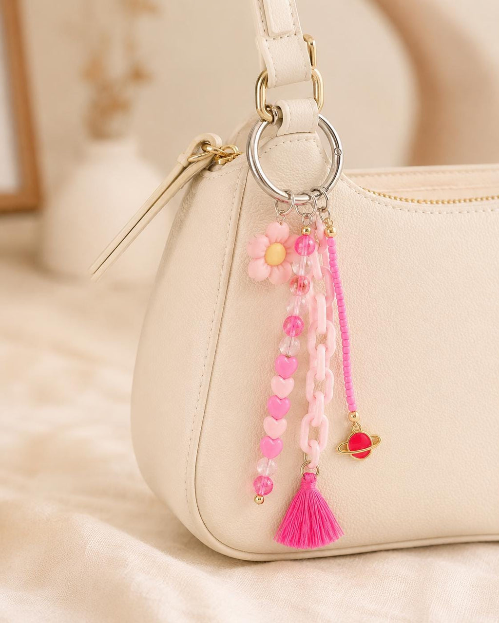 Pink Floral Purse Charm | Beaded Keychain | Tassel Accessory | Gift for Her