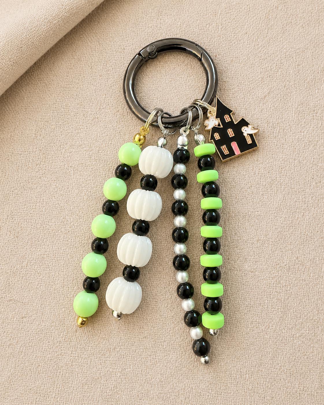 Halloween Bag Charm, Neon Green Beaded Purse Charm, Haunted House Keychain