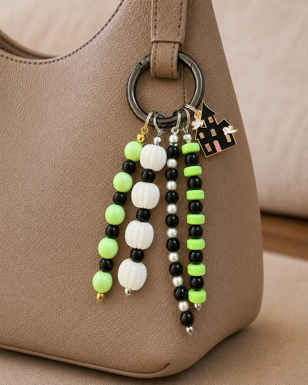 Halloween Bag Charm, Neon Green Beaded Purse Charm, Haunted House Keychain