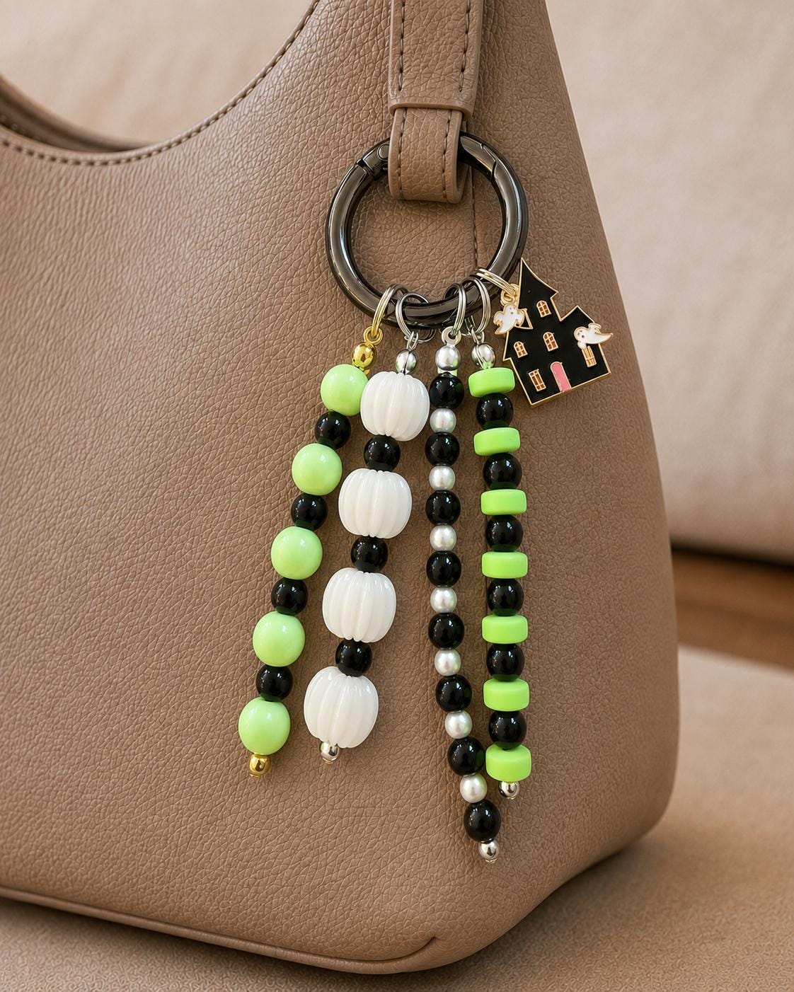 Halloween Bag Charm, Neon Green Beaded Purse Charm, Haunted House Keychain