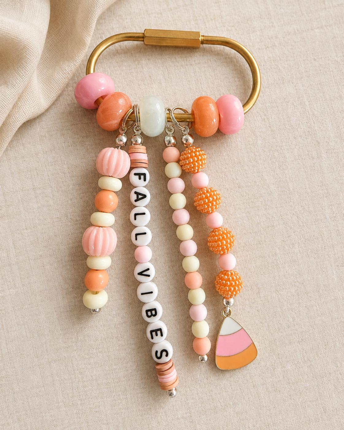Fall Vibes Bag Charm, Beaded Purse Accessory, Pumpkin Candy Corn Keychain