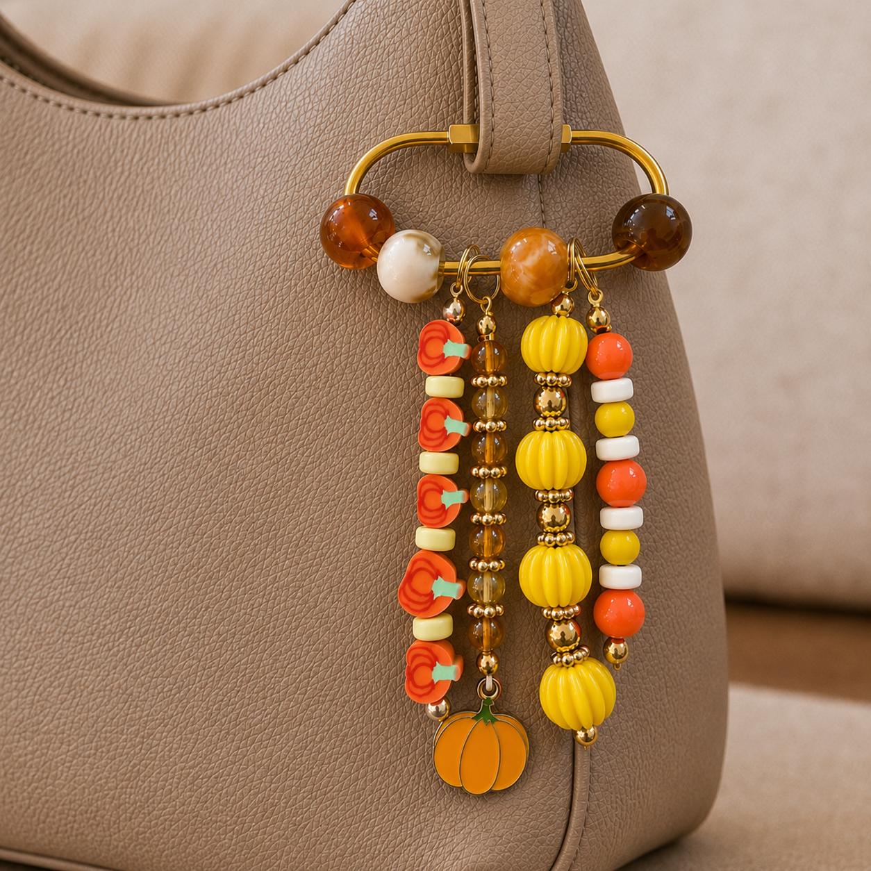 Pumpkin Bag Charm, Orange Yellow Beaded Purse Accessory, Fall Keychain