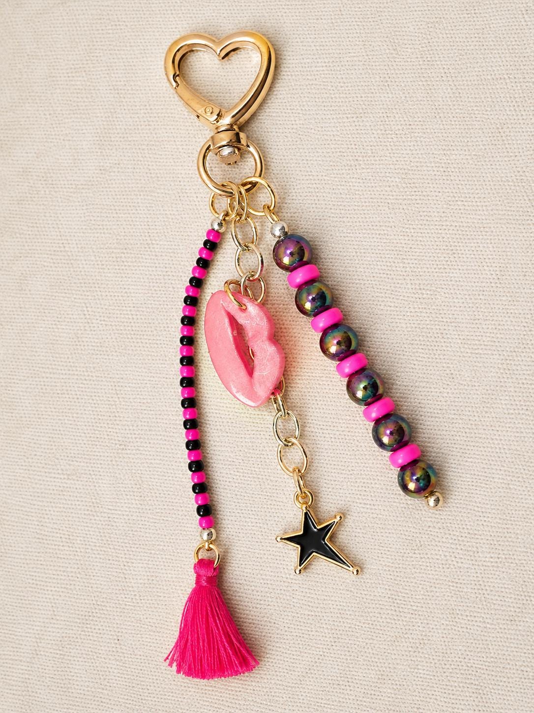 Pink & Black Bag Charm | Beaded Purse Charm | Hot Pink Keychain | Lips Charm | Star Bag Accessory | Cute Handmade Purse Charm