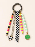 Colorful Bag Charm, Checkered Purse Charm, Smiley Backpack Charm, Beaded Keychain, Bright Bag Accessory