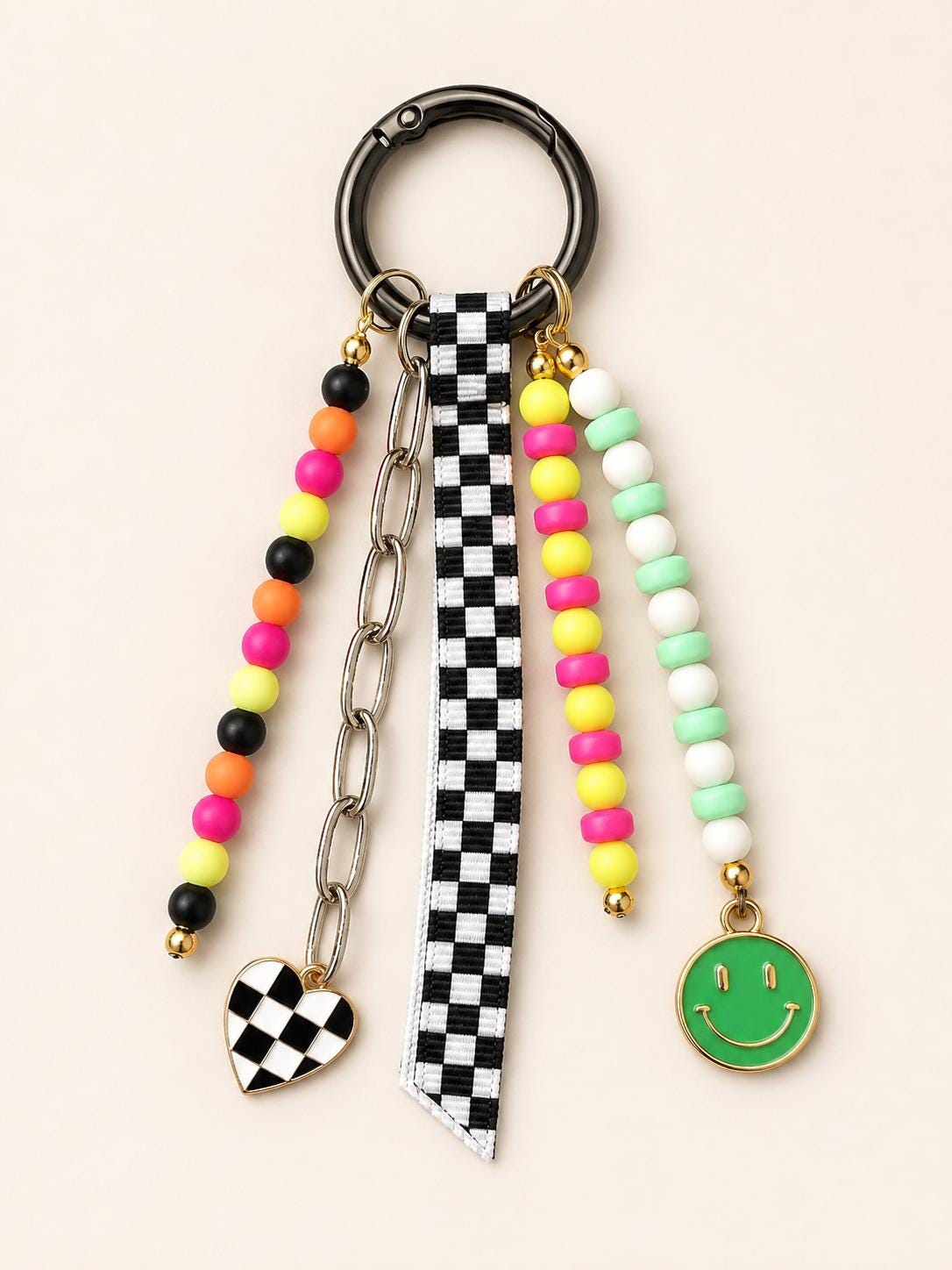 Colorful Bag Charm, Checkered Purse Charm, Smiley Backpack Charm, Beaded Keychain, Bright Bag Accessory
