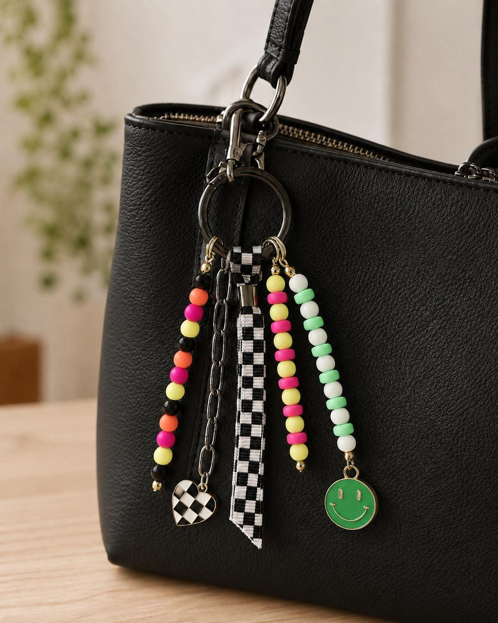 Colorful Bag Charm, Checkered Purse Charm, Smiley Backpack Charm, Beaded Keychain, Bright Bag Accessory