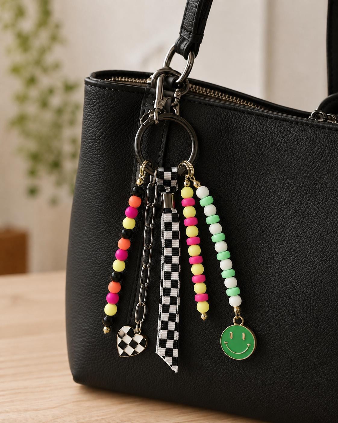 Colorful Bag Charm, Checkered Purse Charm, Smiley Backpack Charm, Beaded Keychain, Bright Bag Accessory