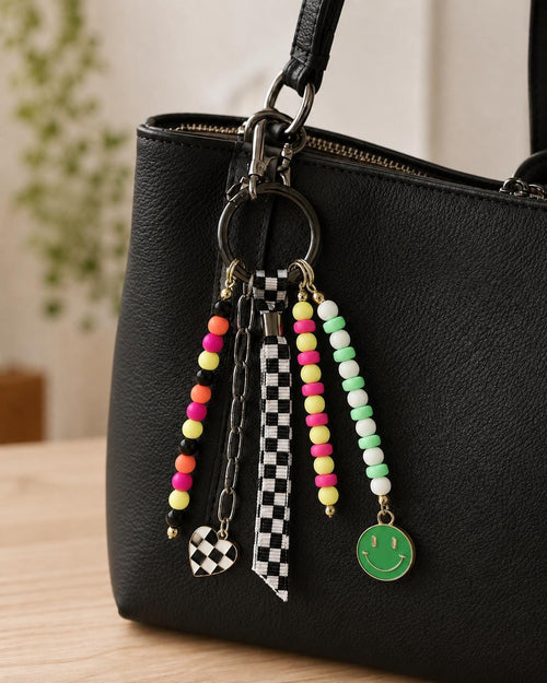 Colorful Bag Charm, Checkered Purse Charm, Smiley Backpack Charm, Beaded Keychain, Bright Bag Accessory