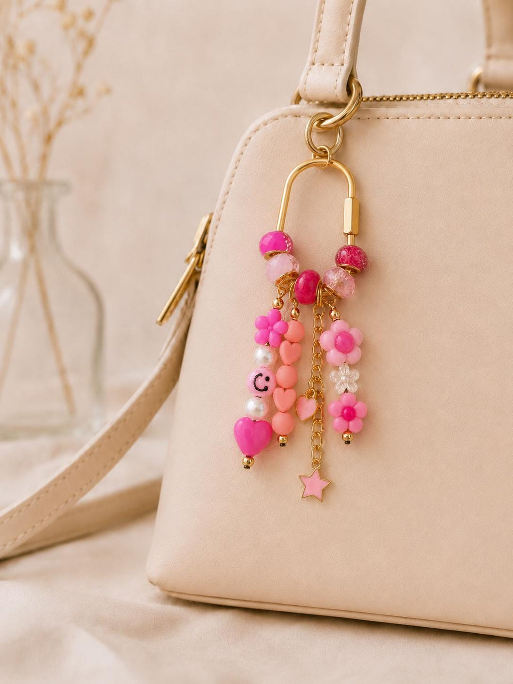 Pink Bag Charm, Beaded Purse Charm, Pink Backpack Charm, Gold Keychain, Girly Bag Accessory, Heart & Flower Charm