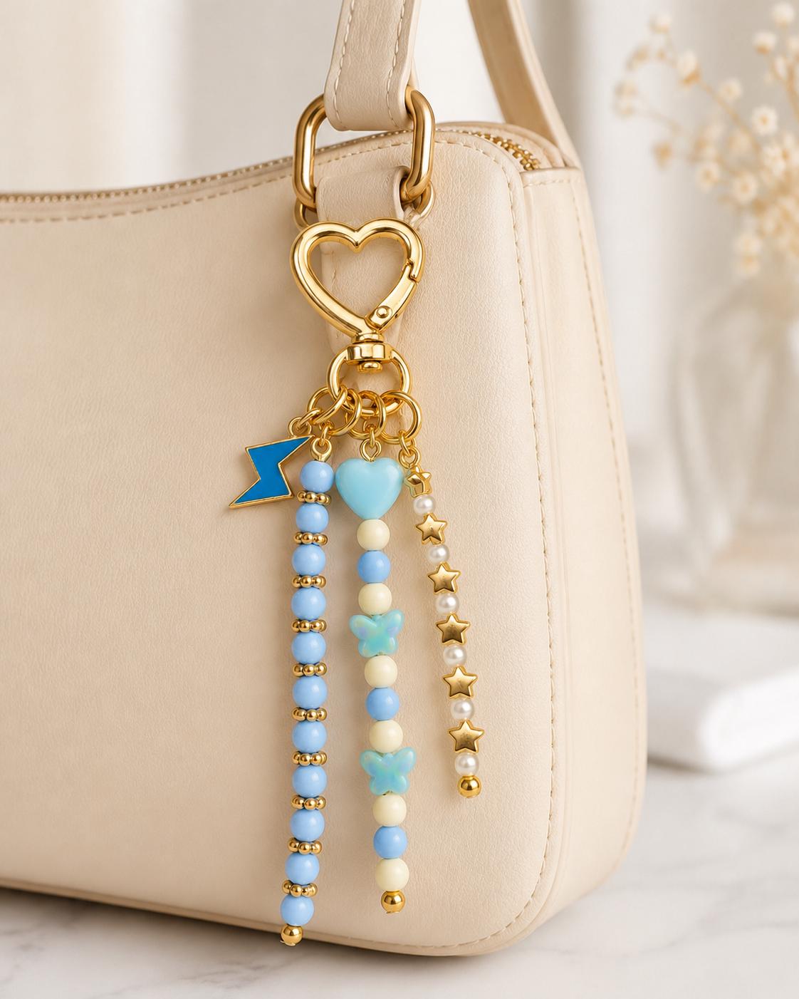 Blue Bag Charm, Lightning Bolt Keychain, Beaded Purse Charm, Backpack Charm, Heart Keychain, Butterfly Bag Accessory