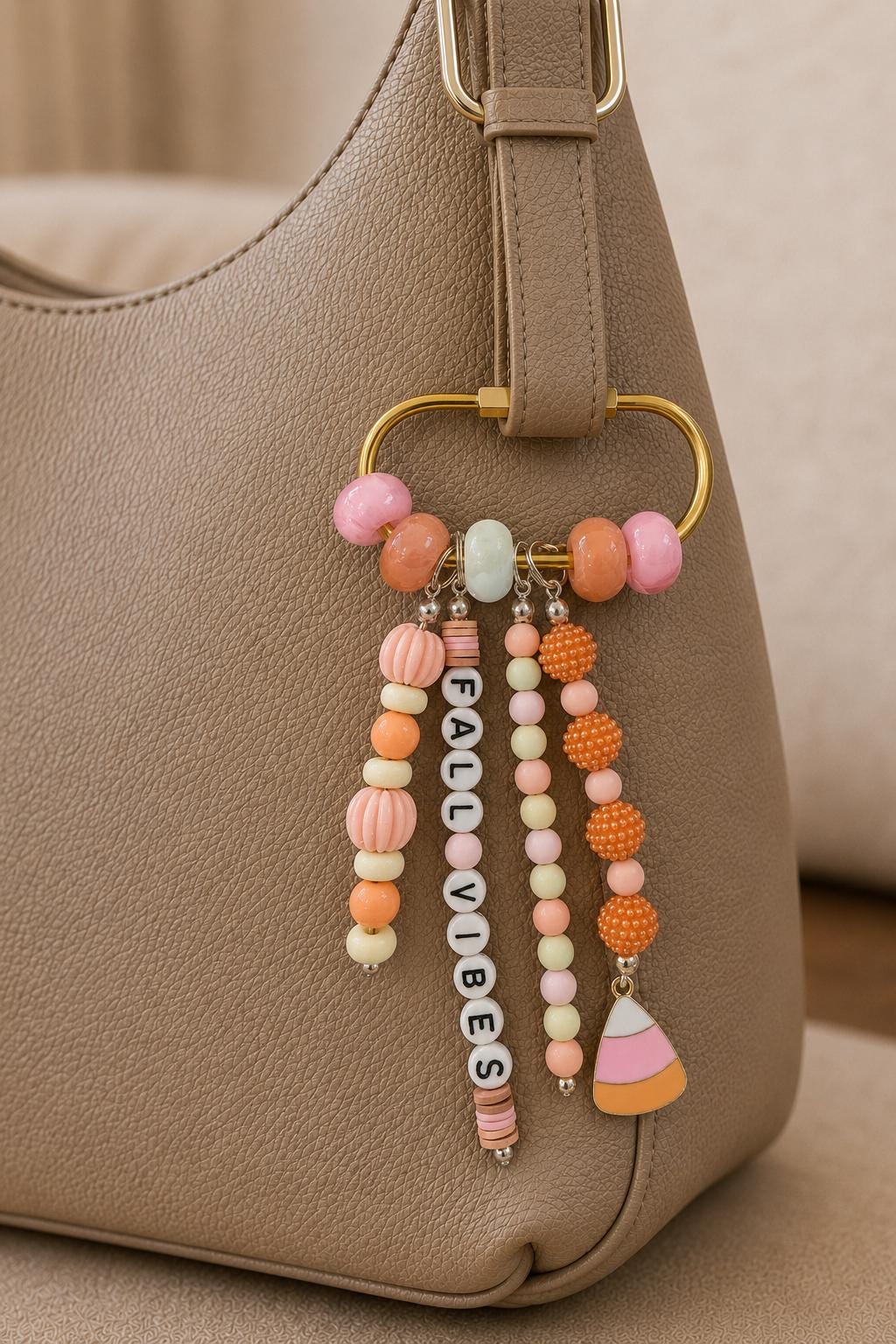 Fall Vibes Bag Charm, Beaded Purse Accessory, Pumpkin Candy Corn Keychain